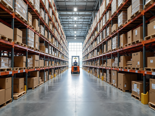 Modern logistics warehouse interior scene with neatly arranged shelves, forklift operations, bright lighting