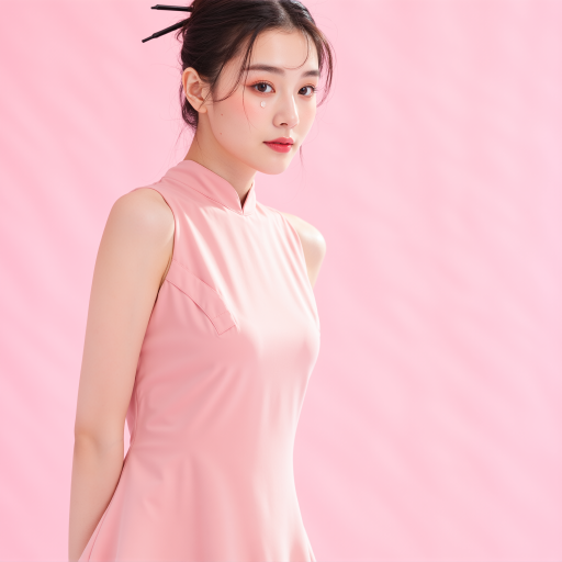 Twenty-eight-year-old female portrait wearing formal attire, pink background